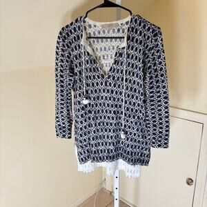 Loft EUC Women's Blue Geometric Print Tunic Sweater Lightweight Tie Front M